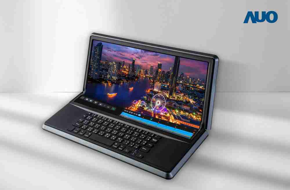 彩运网14.6吋Micro LED折迭显示屏幕，，，搭配半径4mm的弯折绞炼，，，以及高画素、、高亮度、、高对比度的显示技术特点，，，即便在大视角下仍保有绝佳色相与亮度